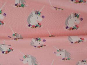 Tissu coton rose imprimé au mètre pour enfants - Licornes - Atelier Inika