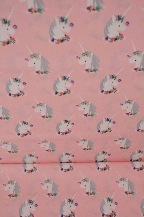Tissu coton rose imprimé au mètre pour enfants - Licornes - Atelier Inika