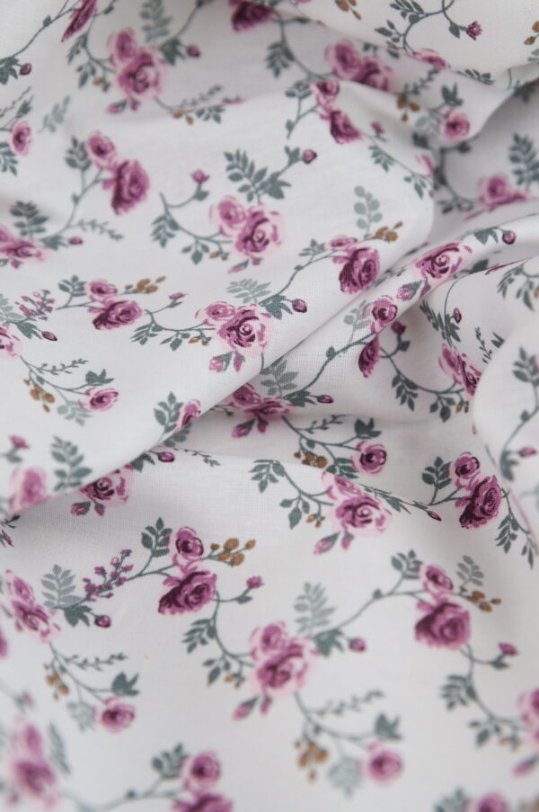 Tissu Popeline "Romance" – Fleurs roses sur fond blanc | 100% Coton au mètre