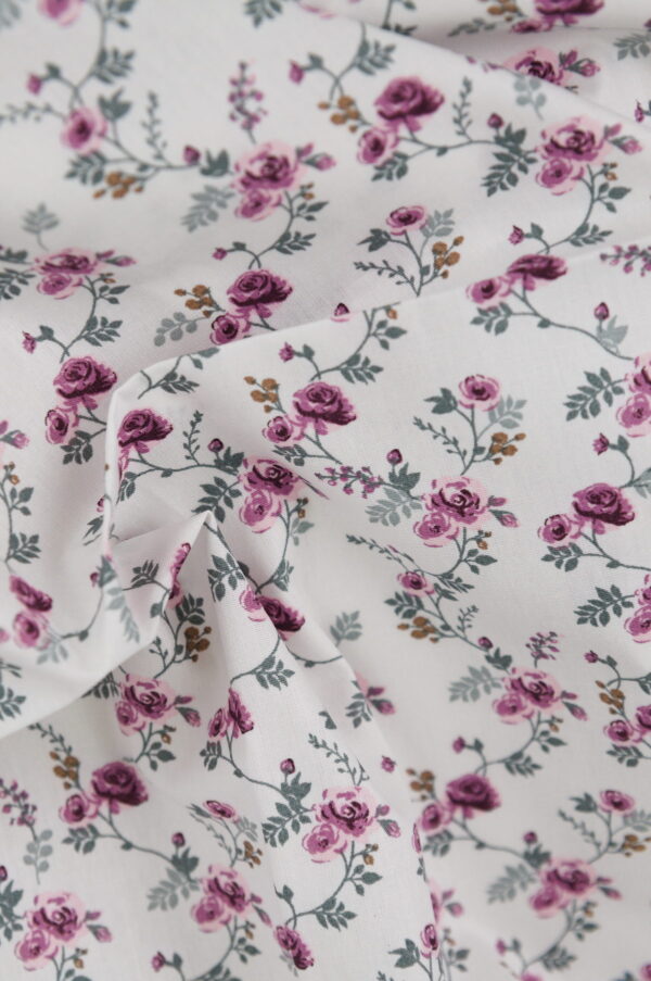 Tissu Popeline "Romance" – Fleurs roses sur fond blanc | 100% Coton au mètre