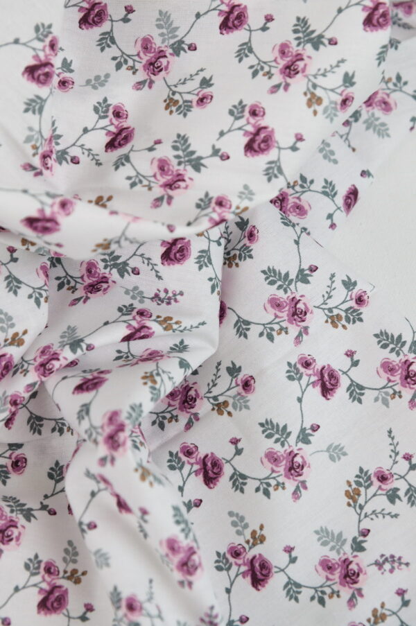 Tissu Popeline "Romance" – Fleurs roses sur fond blanc | 100% Coton au mètre