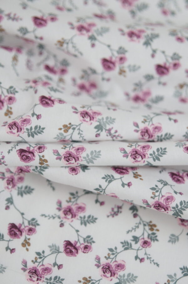 Tissu Popeline "Romance" – Fleurs roses sur fond blanc | 100% Coton au mètre